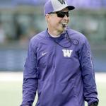Washington football coach Chris Petersen, shown here at the Huskies spring preview event on April 23, has said that preseason rankings are meaningless. (AP Photo/Elaine Thompson)