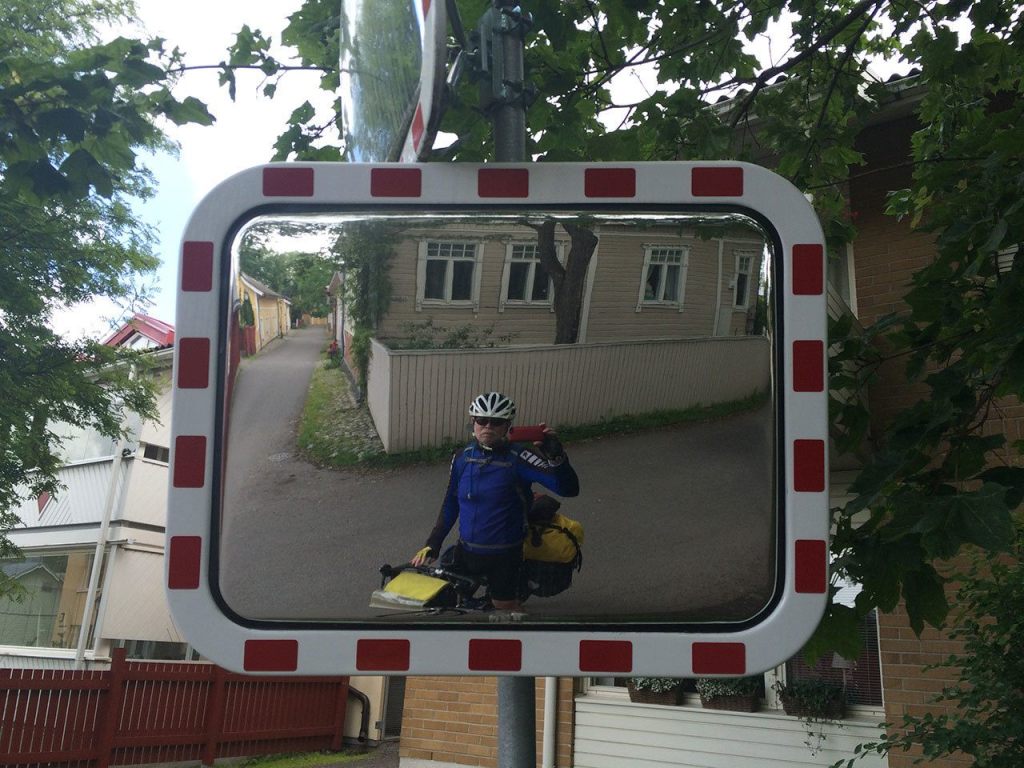 Tim Hintze, using a traffic mirror in Naantali, Finland, to take a selfie. (Tim Hintze photo)