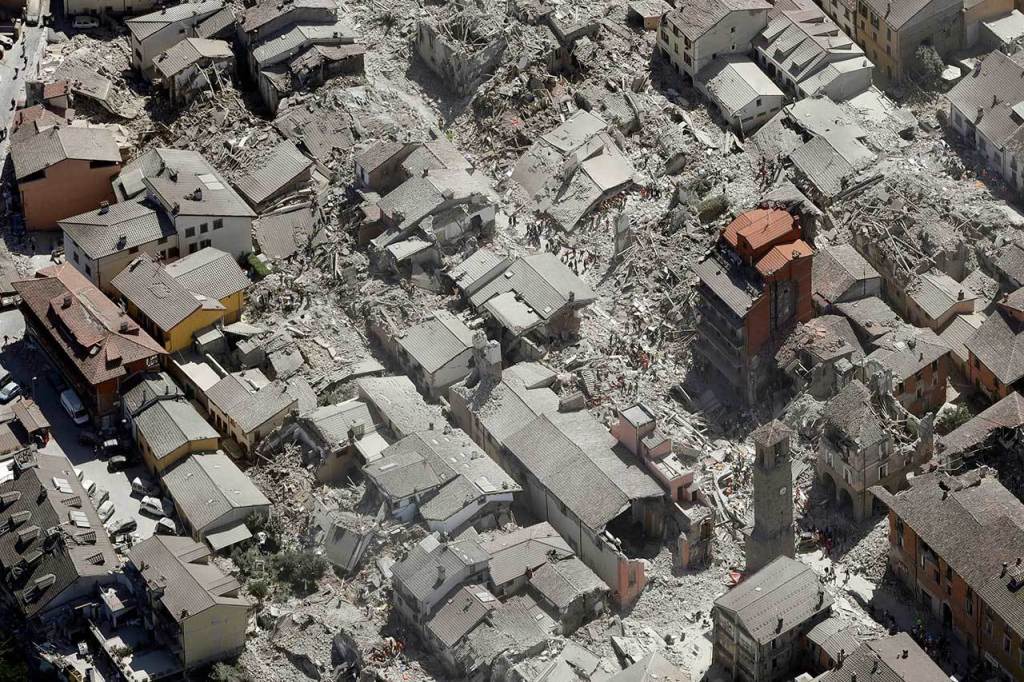 Aerial view of Amatrice in central Italy on Wednesday, as it appears after a magnitude 6 quake struck at 3:36 a.m. (AP Photo/Gregorio Borgia)