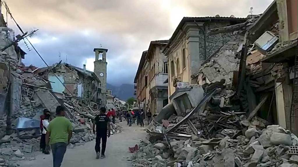 This still image taken from video shows the center of Amatrice, central Italy, where a 6.1 earthquake struck just after 3:30 a.m., Wednesday. (AP Photo)