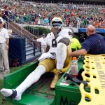 Notre Dame quarterback Malik Zaire (8) is driven off the field after injuring his right ankle during al game against Virginia last season. (AP Photo/Andrew Shurtleff)