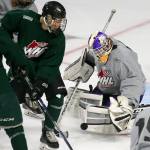 Kevin Clark / The Herald                                Orrin Centazzo of Team Green tries to score against Dustin Wolf during the Silvertips&rsquo; annual Green-Grey intrasquad game Sunday at Xfinity Arena in Everett.
