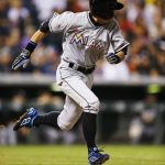 Miami Marlins&rsquo; Ichiro Suzuki legs out a single, the 2,999th hit of his career, against the Colorado Rockies during the eighth inning Saturday in Denver. (AP Photo/Jack Dempsey)