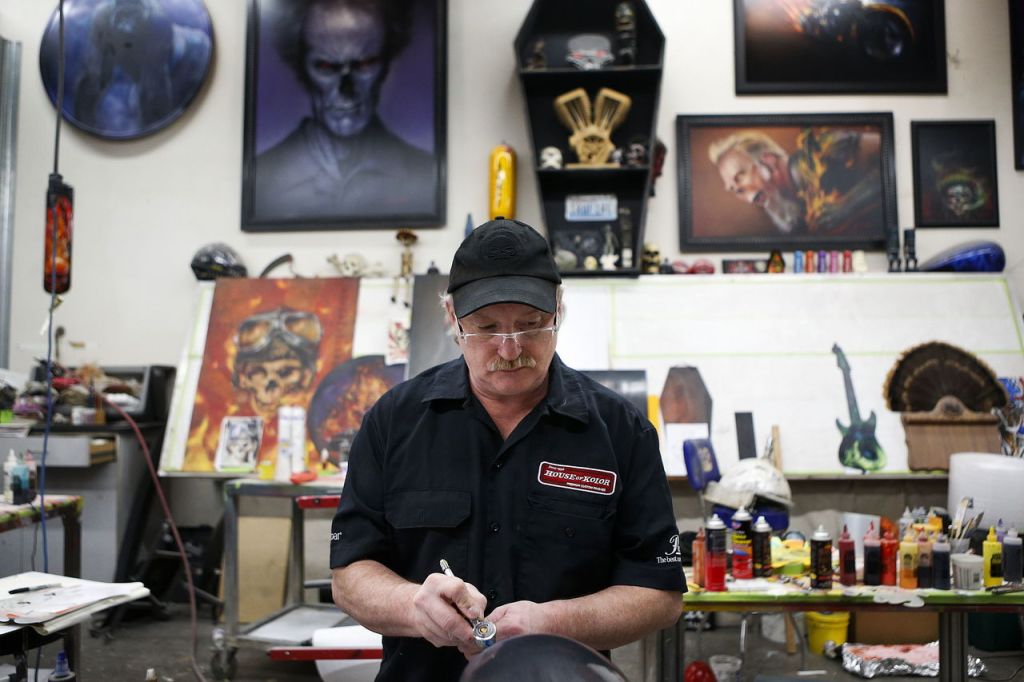 Airbrush artist Mike Lavallee works in his studio in Snohomish on Wednesday. Photo taken on 01202016