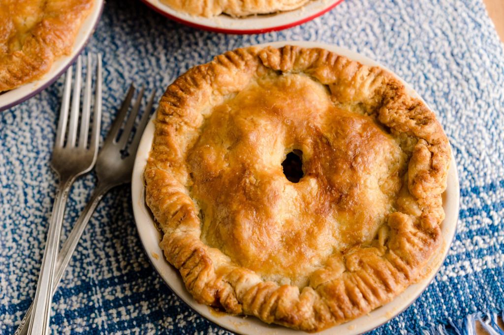 The pie is golden brown and irresistibly flaky right out of the oven.