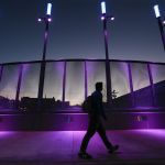 Colorful lights illuminate downtown Everett&rsquo;s new Broadway Bridge on Thursday. The lights change colors every few minutes and shine down on the sidewalk below.