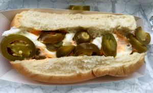 The Marysville Dog features cream cheese, jalapenos and sriracha sauce.