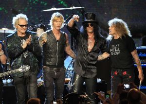 Guns N&rsquo; Roses members (from left) Matt Sorum, Duff McKagan, Slash and Steven Adler appear on stage at their induction into the Rock and Roll Hall of Fame in Cleveland in 2012. Frontman Axl Rose skipped the event, saying it didn&rsquo;t &ldquo;appear to be somewhere I&rsquo;m actually wanted or respected.&rdquo;