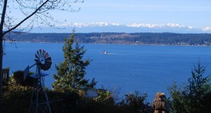The breathtaking view of the mountains and Westerly Sound as seen from the home&rsquo;s expansive back deck.