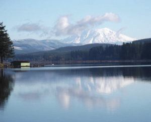Mount St. Helens towers over Silver Lake.