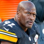 In this Nov. 8, 2015, photo, Pittsburgh Steelers outside linebacker James Harrison (92) sits on the sidelines during an NFL game against the Oakland Raiders in Pittsburgh. The NFL players&rsquo; union says Harrison met Thursday with league investigators looking into allegations linking him to performance-enhancing drugs. (AP Photo/Gene J. Puskar, File)