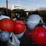 Buoys hang in the window at Marine Supply and Hardware Co. in Anacortes on Feb. 18.