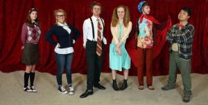 The cast of &ldquo;The 25th Annual Putnam County Spelling Bee&rdquo;includes (from left) Olivia Waring as Marcy, Ireland Woods as Logainne, Dakota Daley as Barfee, Laura McFarlane as Olive, Marhall Link as Leaf and Michael Yichao as Chip.