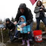 Brandon Clark, of Bothell, helps his kids, Oakley, 2, and Porter (left), 5, look for bugs to examine as his wife, Errin, holds an umbrella at the Brightwater Treatment Plant&rsquo;s Education and Community Center in Woodinville on Jan. 23. Kids were invited to the plant to collect and examine the many water-dwelling insects that can be found on the its public park property.