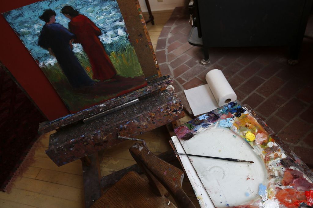 Artist Linda Demetre&rsquo;s work area is seen inside the Mabana Schoolhouse on Camano Island on Wednesday.