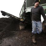 Chris Bailey works quickly to tend to a machine as it grinds up and spits out fresh compost on the Bailey Farm in Snohomish on Wednesday. The farm sells compost and uses whatever it doesn&rsquo;t sell to fertilize vegetable fields on the property.