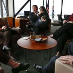Snohomish County Executive Dave Somers (center) meets with Washington Environmental Council members Becky Kelley (left) and Darcy Nonemacher in his office in Everett on March 14. Hewitt, the executive&rsquo;s dog, often accompanies him to work.