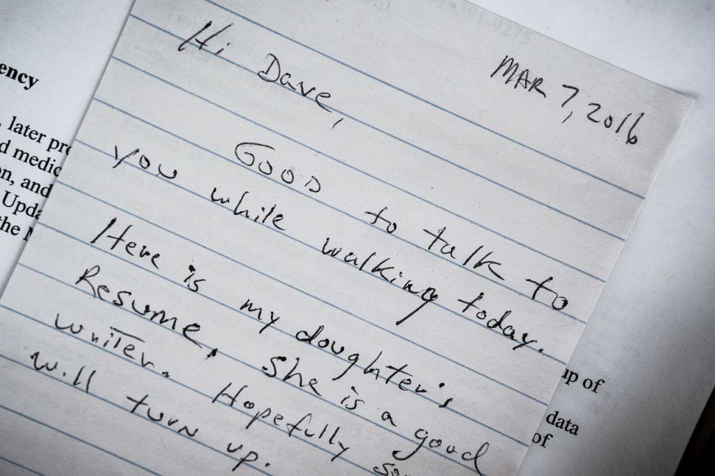 A note written to Snohomish County Executive Dave Somers on his desk. Since taking office, Somers says he&rsquo;s often approached by people in public. &ldquo;It happens more often than not,&rdquo; Somers said.