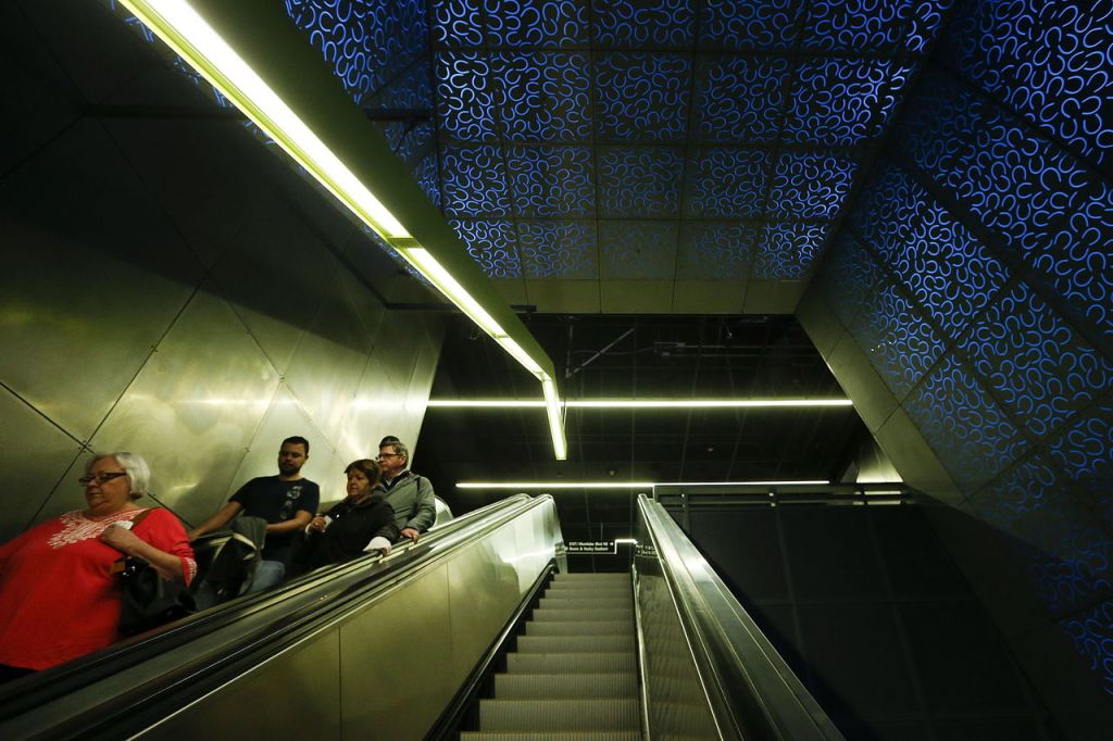 Arist Leo Saul Berk&rsquo;s &ldquo;Subterranium&rdquo; permanent installation is seen at University of Washington Station in Seattle as passengers ride down an escalator towards the light-rail platform Saturday.