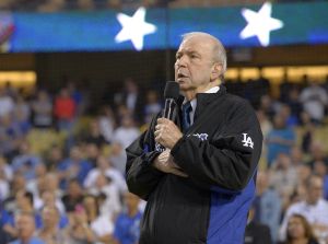 Frank Sinatra Jr. sings the national anthem at a baseball game between the Los Angeles Dodgers and the Pittsburgh Pirates in Los Angeles on Sept. 18, 2015.