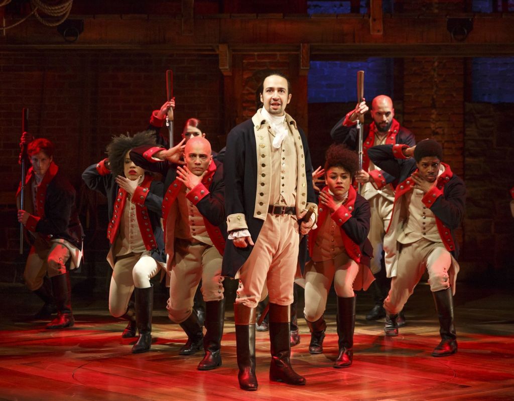 This image shows Lin-Manuel Miranda (foreground) with the cast during a performance of &ldquo;Hamilton&rdquo; in New York. The hip-hop stage biography of Alexander Hamilton won the 2016 Pulitzer Prize for drama on Monday.
