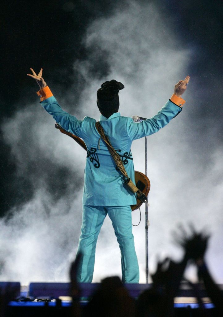 In this Feb. 4, 2007, photo, Prince performs during the halftime show at Super Bowl XLI at Dolphin Stadium in Miami.