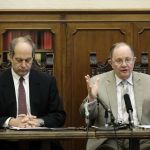 State Sen. Mike Padden (right), R-Spokane Valley, and Sen. Steve O&rsquo;Ban, R-University Place talk to reporters Thursday at the Capitol in Olympia about Gov. Jay Inslee&rsquo;s investigation into the early release of prisoners.