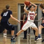 Snohomish&rsquo;s Shaylee Harwood passes against Gig Harbor&rsquo;s press during the Panthers&rsquo; 53-40 win Saturday night in a 4A state regional game at Everett Community College.