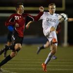 Cascade&rsquo;s Sean Lucas (right) is pressured by Snohomish&rsquo;s Logan Stapleton during a Wesco 4A boys soccer match on Tuesday at Everett Memorial Stadium.