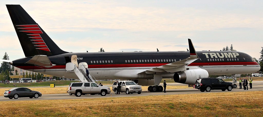 Donald Trump&rsquo;s Boeing 757 plane at Paine Field after landing Tuesday in Everett. (Dan Bates/The Herald)