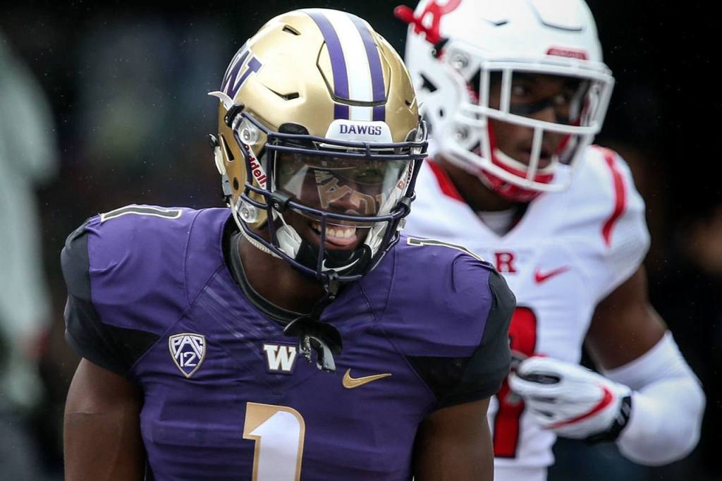 Washington&rsquo;s John Ross is all smiles after a touchdown reception against Rutgers on Saturday afternoon at Husky Stadium. (Kevin Clark / The Herald)