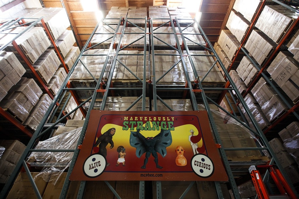 Boxes of Archie McPhee products are stacked at their 60,000-square-foot-plus warehouse and office building in Mukilteo. (Ian Terry / The Herald)