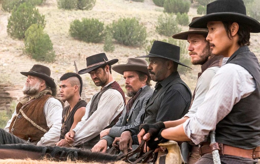 Vincent D&rsquo;Onofrio (from left), Martin Sensmeier, Manuel Garcia-Rulfo, Ethan Hawke, Denzel Washington, Chris Pratt and Byung-hun Lee star in Columbia Pictures&rsquo; &ldquo;The Magnificent Seven.&rdquo;