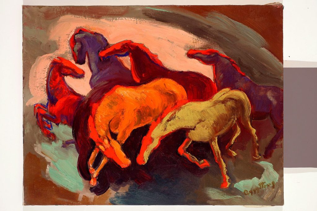 The oil on canvas title &ldquo;Prairie Fire&rdquo; includes images that celebrate Strong&rsquo;s lifelong love of painting horses.