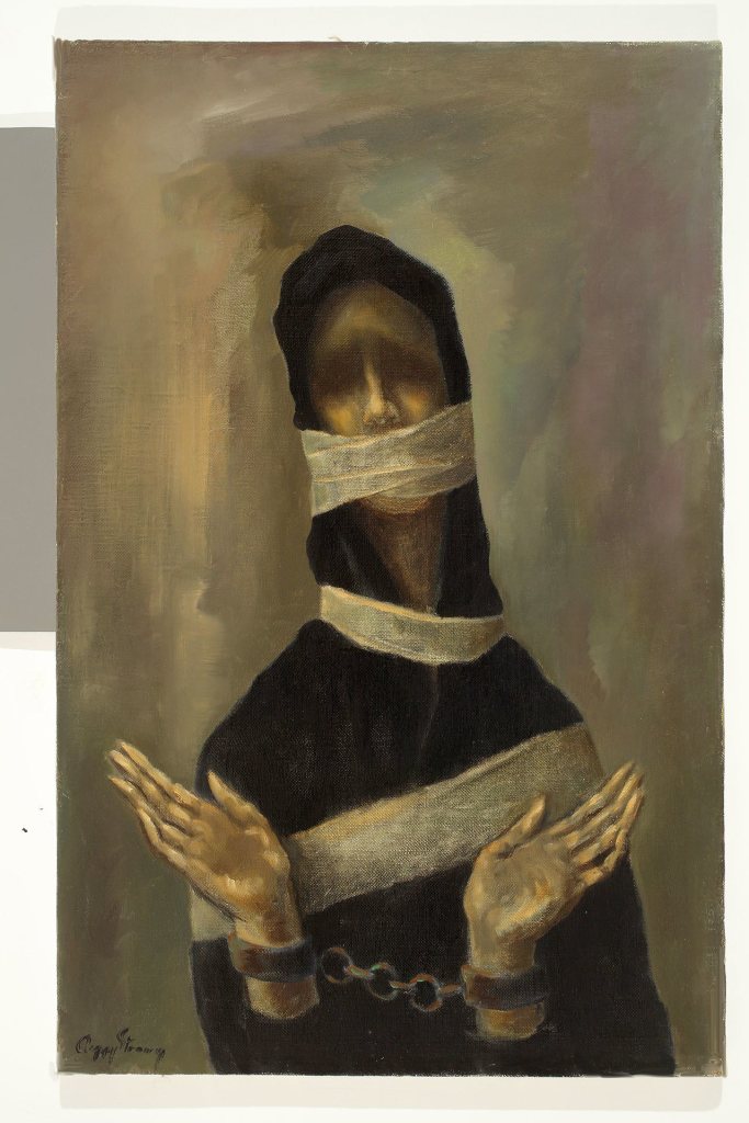This untitled painting of a shackled woman was completed near the end of Strong&rsquo;s life.