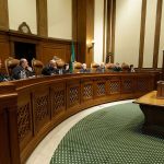 Alan Copsey (right), a deputy attorney general for the state of Washington, speaks during a hearing before the Washington State Supreme Court regarding a lawsuit against the state over education funding, Wednesday in Olympia. (Associated Press / Ted S. Warren)
