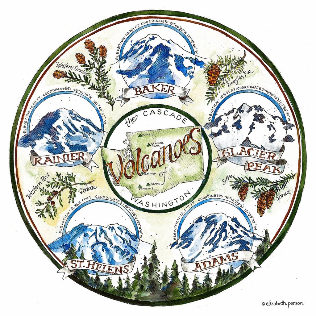 Elizabeth Person&rsquo;s illustration of Washington state volcanoes is on display at Citrine Health Gallery in Everett.