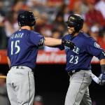 The Mariners&rsquo; Nelson Cruz (right) is congratulated by Kyle Seager after hitting a solo home run during the seventh inning of a game against the Angels on Wednesday in Anaheim, Calif. (AP Photo/Mark J. Terrill)