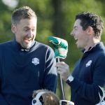 Europe vice-captain Ian Poulter shares a laugh with Rory McIlroy before a practice round for the Ryder Cup on Tuesday at Hazeltine National Golf Club in Chaska, Minn. (AP Photo/David J. Phillip)
