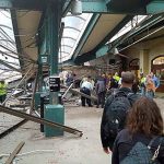 This photo shows the scene of a train crash in Hoboken, New Jersey, on Thursday. A commuter train barreled into the New Jersey rail station during the Thursday morning rush hour, causing serious damage. The train came to a halt in a covered area between the station&rsquo;s indoor waiting area and the platform. A metal structure covering the area collapsed. (Ian Samuel via AP)