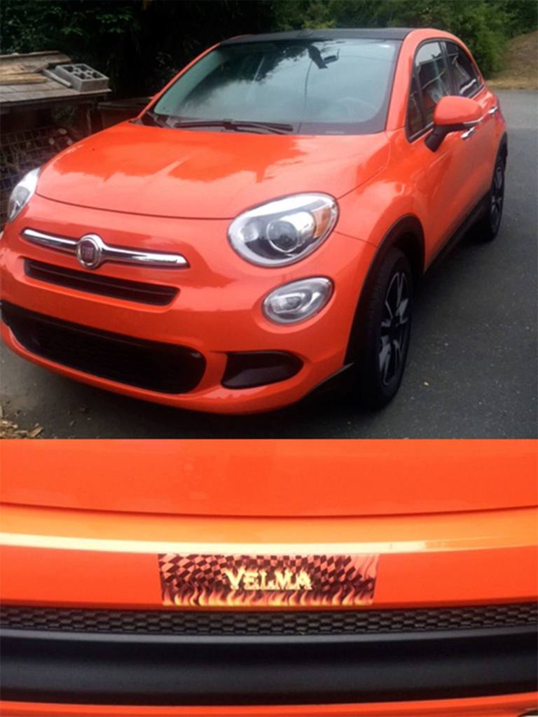 After 21 years driving her kids around in a van, Kathy Coffey, of Lynnwood, traded it in for this sporty orange Fiat 500x. She named it Velma, for the orange-sweatered character in &ldquo;Scooby Doo.&rdquo; She even created a custom bumper sticker (bottom). (Contributed photos)