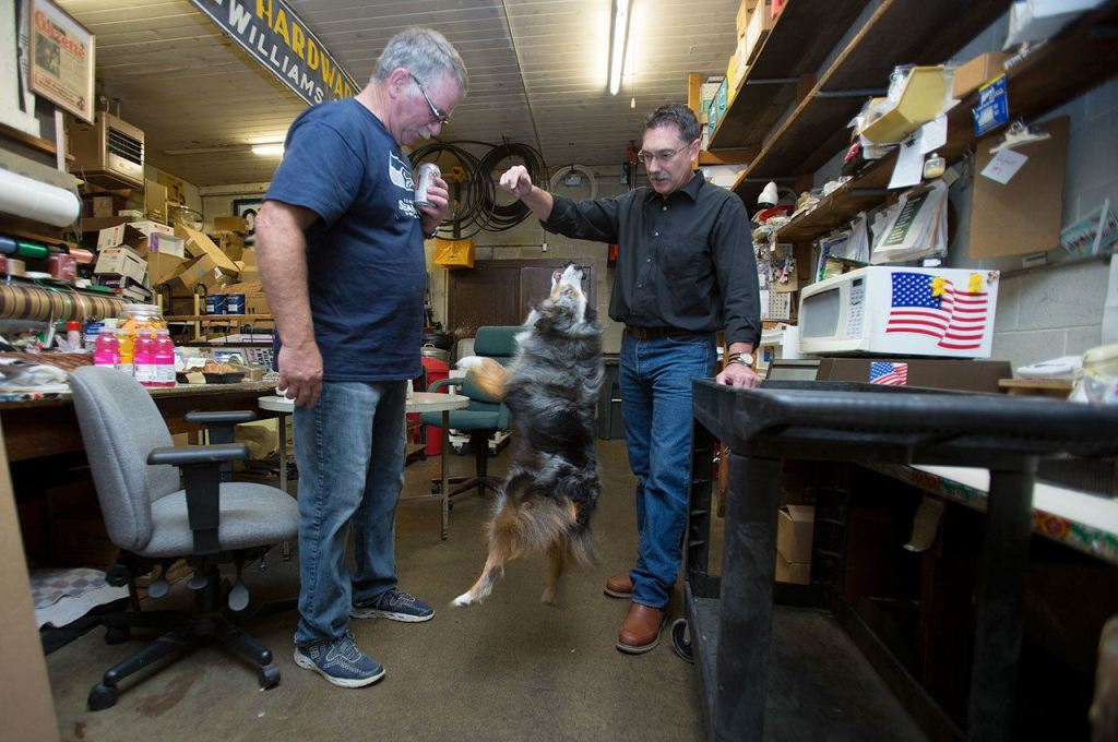 In the back office, Barry Galde and owner Maurice Libbing (right) play with Indy, the shop dog, at Carr&rsquo;s Hardware on Friday in Marysville. Carr&rsquo;s Hardware is closing after 93 years in business. (Andy Bronson / The Herald)