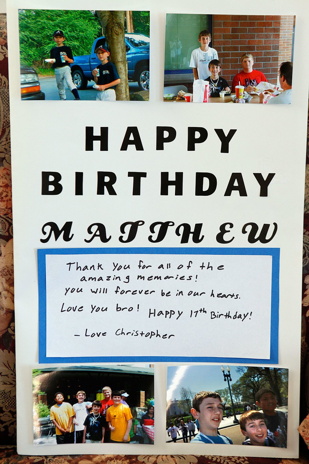 A birthday card made by friends of Matthew Truax, who died of hypertrophic cardiomyopathy in 2013, was displayed in the Truax&rsquo;s home shortly after his death. Matthew would have turned 20 this Sunday, September 18. (Genna Martin / Herald File)