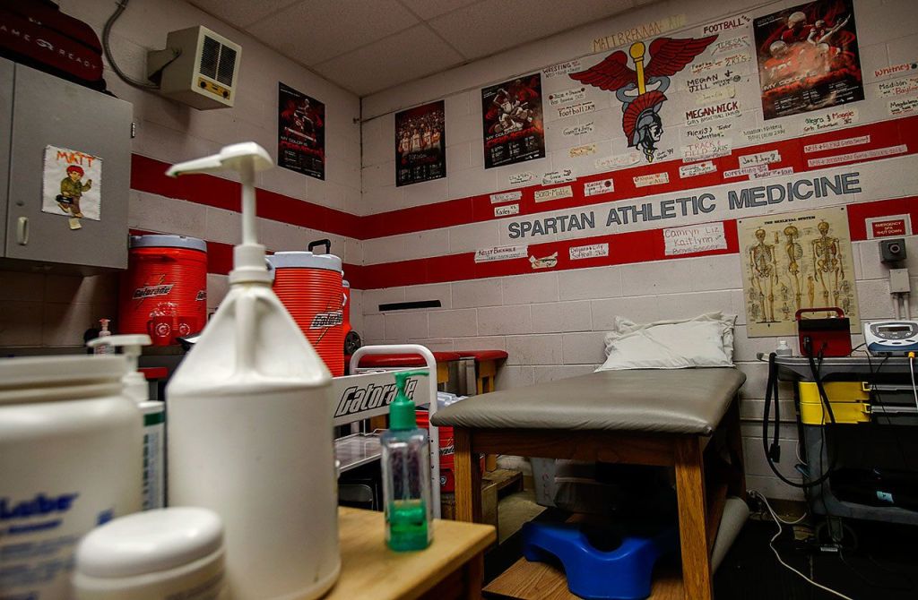 The sports medicine facility, which plays a critical role in Stanwood athletics, is about 15 x 15 feet in size. (Dan Bates / The Herald)