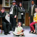 The Edmonds Driftwood Players cast of the thriller &ldquo;Wait Until Dark&rdquo; pose after rehearsal at the Wade James Theatre in Edmonds. The play opens tonight and runs through Oct. 2. The cast includes (from left) Thomas A. Glass, Morgan Peeler, Zoe Papadakis (seated), Will Lippman, Jonathan Keyes and Caroline Rensel. (Dale Sutton photo)