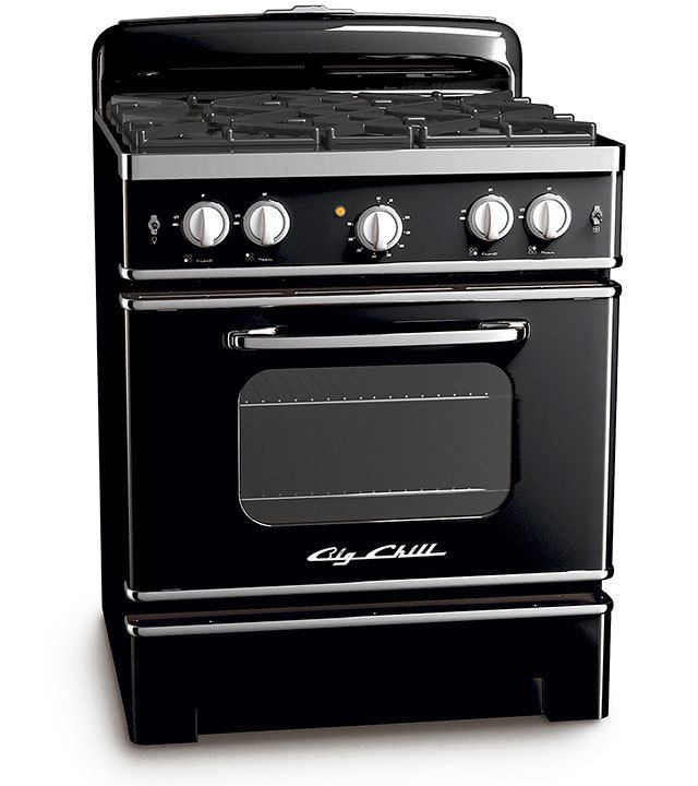 Retro-looking appliances, natural fibers and bold graphic prints are all having their day in the sun. Pictured, 36-inch Retro Stove in black ($5,795, bigchill.com). (Big Chill)