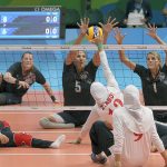 Sitting volleyball player Katie Holloway of the United States (5) competes against Iran in the recent Paralympic Games in Rio de Janeiro, Brazil. (USA Volleyball)