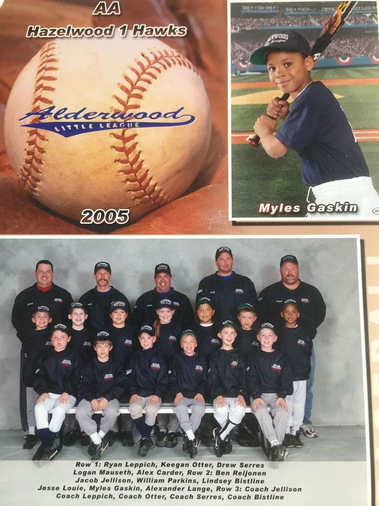 University of Washington running back Myles Gaskin (middle row, far right) shown as a child posing with his Alderwood Boys and Girls Club baseball team. (Gaskin family photo)