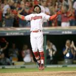 Cleveland&rsquo;s Francisco Lindor celebrates his solo home run &mdash; the Indians&rsquo; third off Boston starter Rick Porcello in the third inning &mdash; as the Tribe beat the Red Sox 5-4 in Game 1 of the ALDS on Thursday in Cleveland. (AP Photo/Aaron Josefczyk)