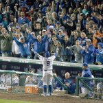 Chicago&rsquo;s Javier Baez (9) takes a curtain call after hitting a home run in the eighth inning that accounted for all the scoring in the Cubs&rsquo; 1-0 win over the Giants in Game 1 of the NLDS on Friday in Chicago. (AP Photo/Charles Rex Arbogast)